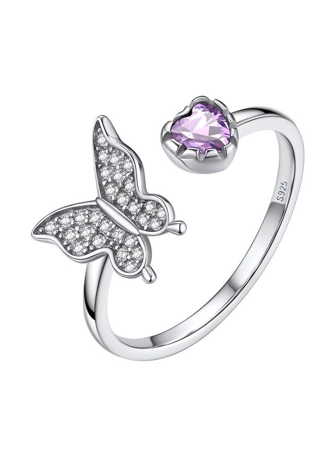 Bestyle CZ Butterfly Rings for Women Sterling Silver June Birthstone Heart Alexandrite Butterflies Ring Silver Band Ring Funny Cute Ring Jewelry Mom Wife Daughter - Image 1